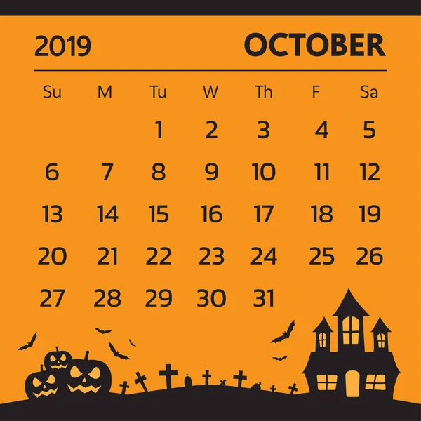 Calendario Ottobre 2019 Con Tema Halloween Vettore — Vettoriale Stock