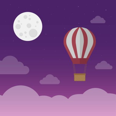 Sıcak hava balonu dolunay - vektör ile gece gökyüzü arka plan üzerinde