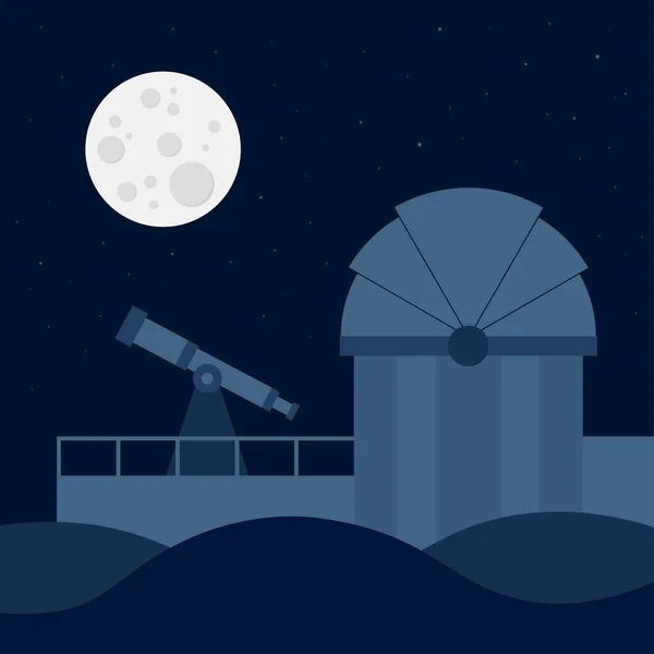 Silueta Del Observatorio Astronómico Con Luna Llena Cielo Nocturno Vector — Vector de stock