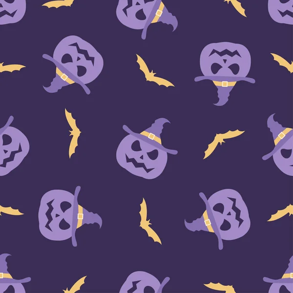 Halloween Naadloze Patroon Achtergrond Pompoen Achtergrond Met Heks Hoed Bat — Stockvector