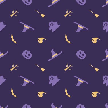 Kabak, cadı şapka, hayalet ve bat - vektör Cadılar Bayramı Dikişsiz desen arka plan