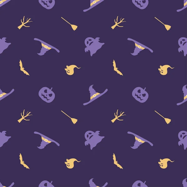 Halloween Sem Costura Padrão Fundo Com Abóbora Chapéu Bruxa Fantasma —  Vetores de Stock