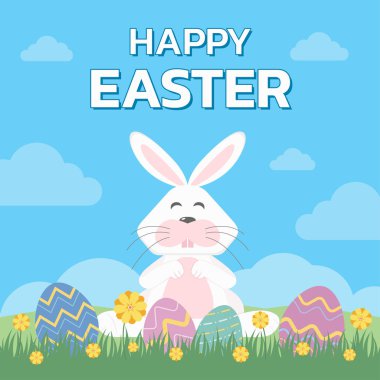 Paskalya tavşan ve Paskalya yumurtası güzel çiçekler ile mavi gökyüzü arka planda tebrik kartı