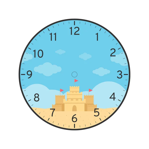 夏季可打印时钟面模板与白色背景上的沙城堡隔离 — 图库矢量图片