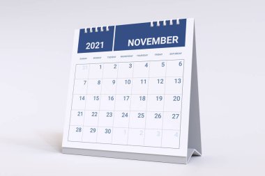 3D Hazırlama - Kasım ayı takvimi. 2021 Aylık takvim haftası Pazar günü başlıyor.