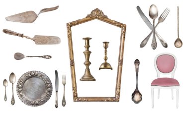 17 muhteşem eski vintage öğeler kümesi. Eski yemekleri, ev aletleri, ısıtıcılar, sandalye, kitaplar, şamdanlar, resim çerçeveleri. Beyaz arka plan üzerinde izole.
