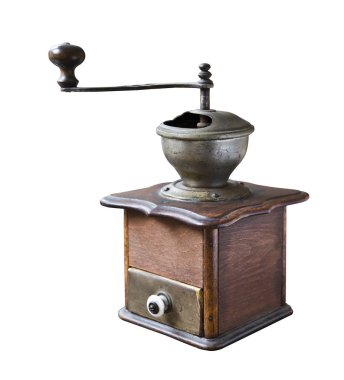 Beyaz arka plan üzerinde izole retro el ile kahve değirmeni