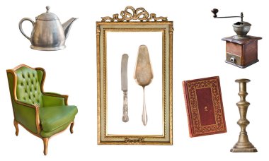 8 muhteşem eski vintage öğeler kümesi. Eski yemekleri, ev aletleri, ısıtıcılar, sandalye, kitaplar, kahve değirmeni, şamdanlar, resim çerçeveleri. Beyaz arka plan üzerinde izole.