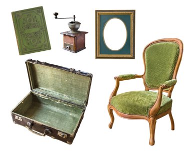5 muhteşem eski vintage öğeler kümesi. Bavul, kitap, kahve değirmeni, çerçeve, sandalye. Beyaz arka plan üzerinde izole