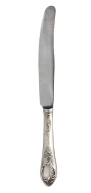 Güzel vintage gümüş bıçak beyaz arka plan üzerinde izole üstten görünüm