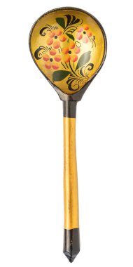 Ahşap eski boyalı kaşık beyaz arka plan üzerinde izole üstten görünüm