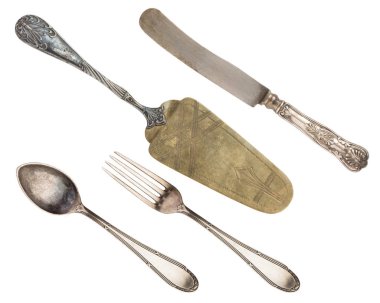 Vintage kaşık, çatal, bıçak ve beyaz arka plan üzerinde izole spatula