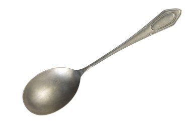Eski gümüş güzel çay kaşığı beyaz arka plan üzerinde izole üstten görünüm