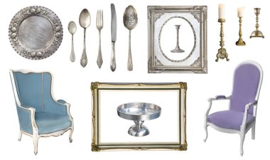 15 muhteşem eski vintage öğeler kümesi. Eski yemekleri, ev aletleri, ısıtıcılar, sandalye, kitaplar, kahve değirmeni, şamdanlar, resim çerçeveleri. Beyaz arka plan üzerinde izole.
