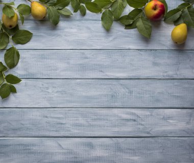 Çerçeve yeşil yaprakları, elma ve armut ahşap vintage kurullarında. Metin için yer.