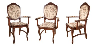 Beyaz arka plan üzerinde izole klasik ahşap sandalyeler. Retro tarzı. Mobilya için rafine iç. Gösterim amacıyla reklam mobilya Atölyesi, Mobilya Mağazası, Restorasyon Atölyesi.