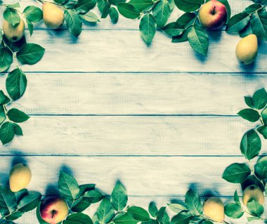 Çerçeve yeşil yaprakları, elma ve armut ahşap vintage kurullarında. Metin için yer.