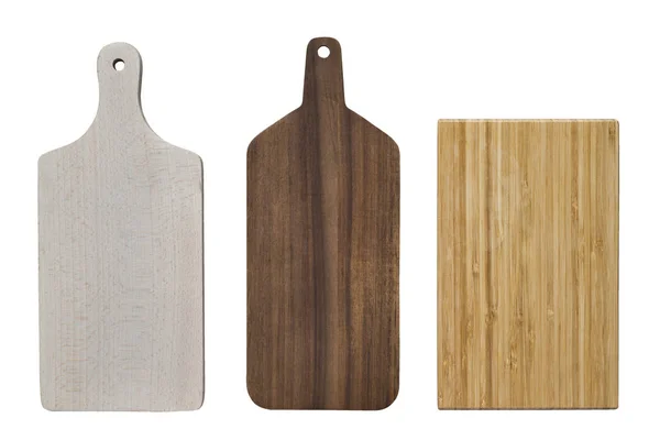 Three chopping kitchen wooden boards isolated on white background.