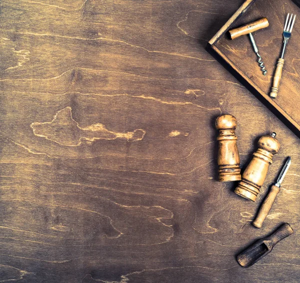 Vintage Houten Bestek Lade Een Bruin Houten Achtergrond Kopiëren Van — Stockfoto