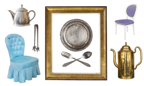 9 muhteşem eski vintage öğeler kümesi. Eski yemekleri, ev aletleri, ısıtıcılar, sandalye, kitaplar, şamdanlar, resim çerçeveleri. Beyaz arka plan üzerinde izole.