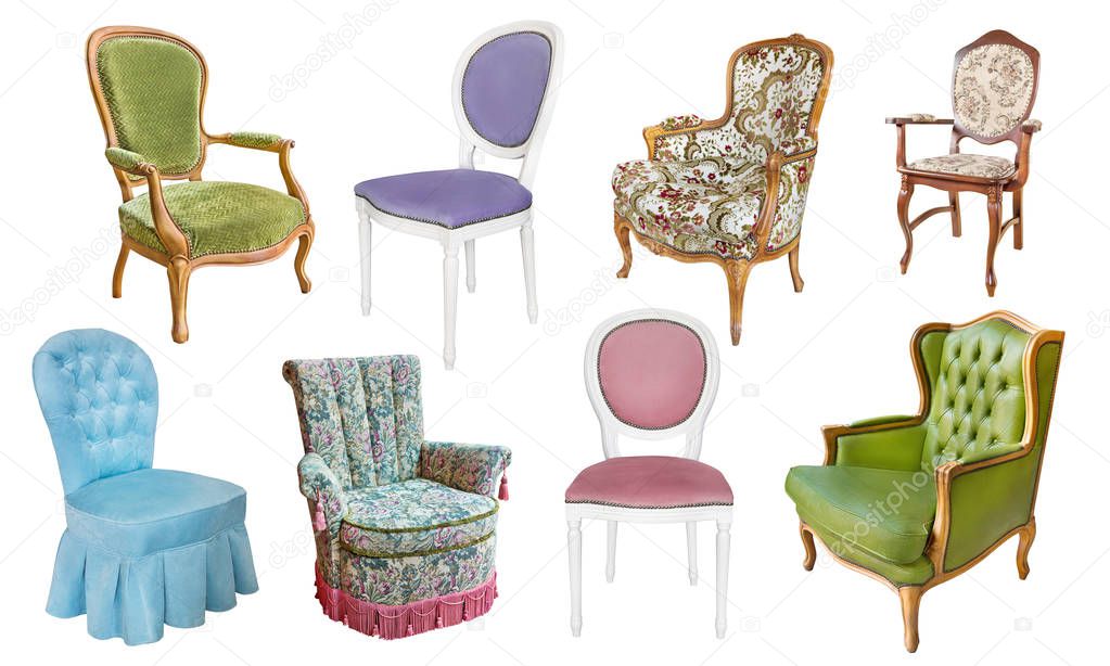 A set of gorgeous vintage armchairs and chairs on a white background.