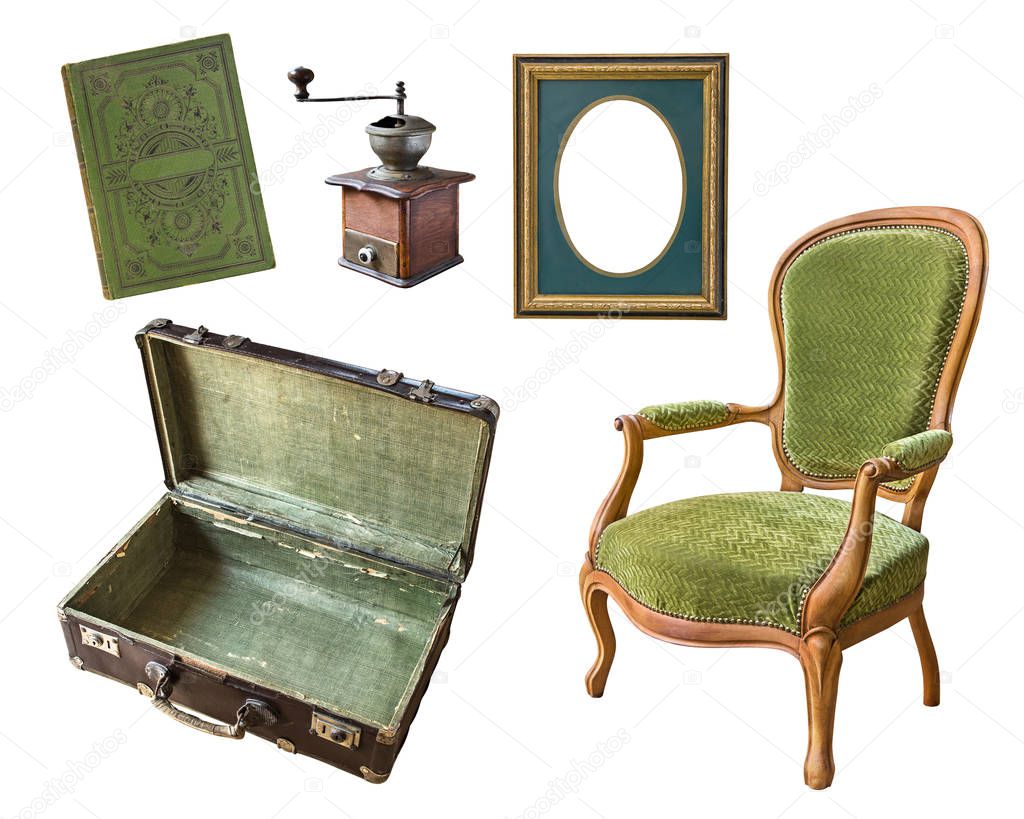 Set of 5 gorgeous old vintage items. Suitcase, book, coffee grinder, frame, chair. Isolated on white background