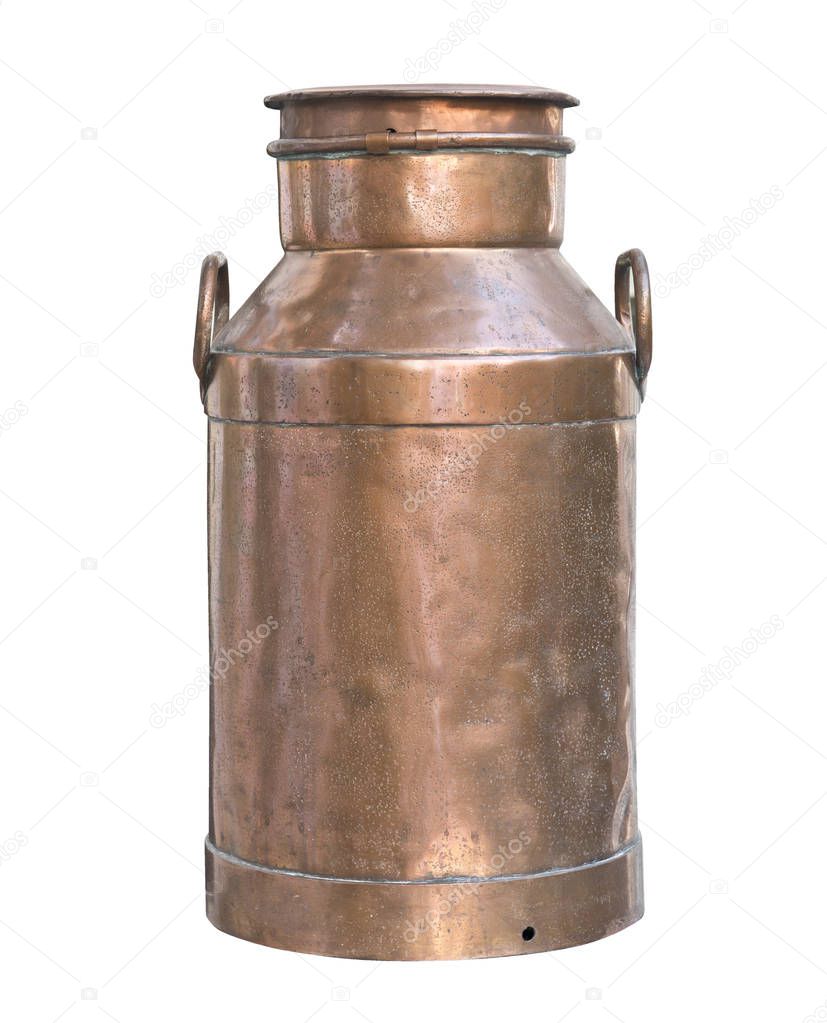 Old milk can copper isolated on white background. Rustic style. Old kitchen utensils and dishes.
