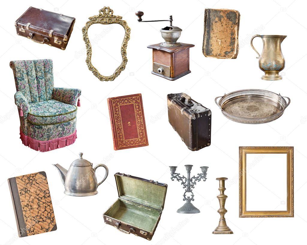 Set old items isolated on white background. Suitcase, chair, picture frames, books, coffee grinder, candlesticks, kettle, jug, tray.
