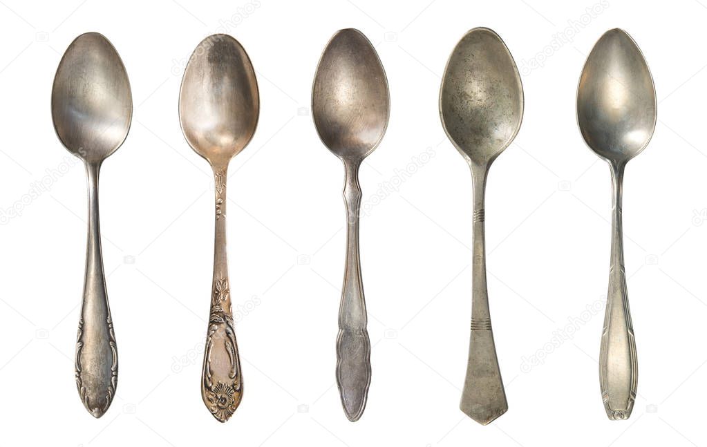 Vintage tea spoons  isolated on a white background. Retro silverware.