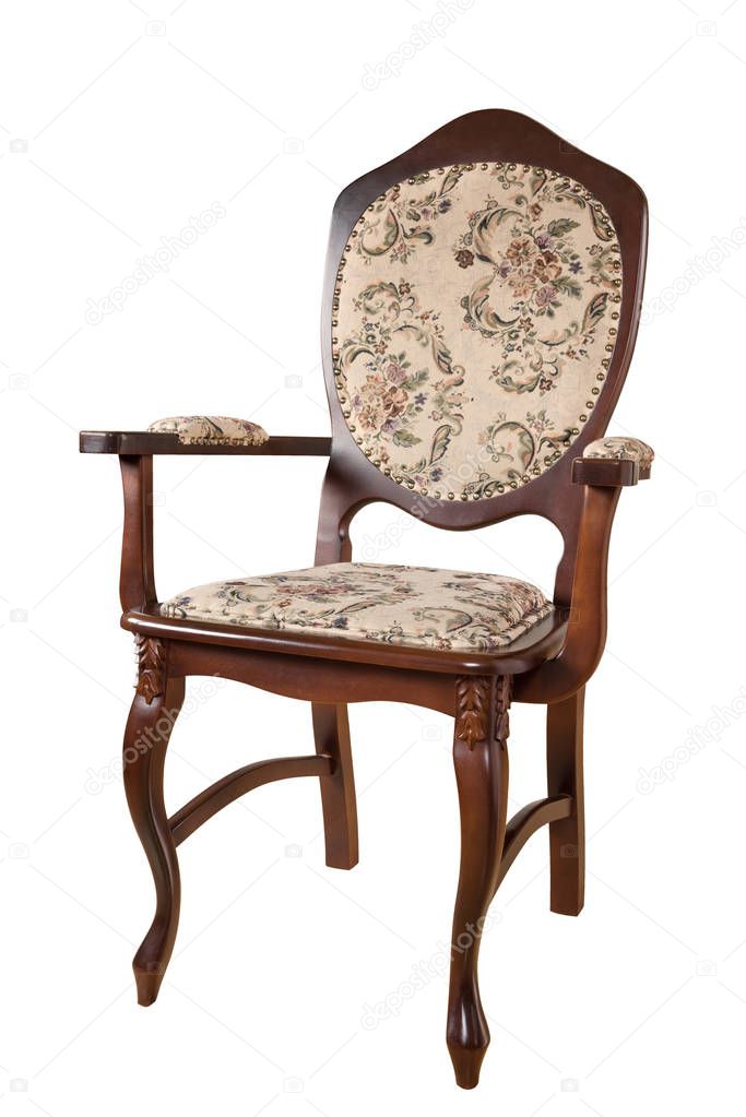 Vintage wooden chair isolated on white background. Retro style. Furniture for refined interior. Illustration for advertising furniture workshop, furniture store, restoration workshop.