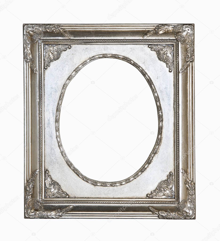 Vintage silver rectangular frame with an ornament isolated on white. Retro style.