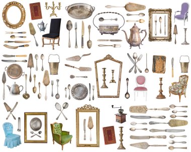 Huge set of antique items.Vintage household items, silverware, furniture and more. Isolated on white background. clipart