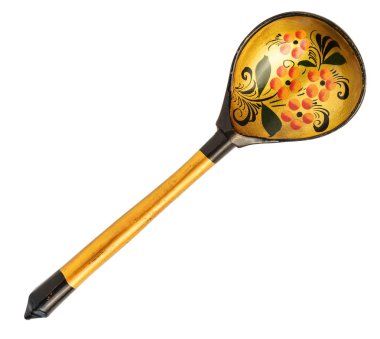 Hediyelik eşya eski boyalı kaşık el yapımı beyaz bir arka plan üzerinde izole. Halk el sanatları. Ahşap boyama. Vintage. Retro.