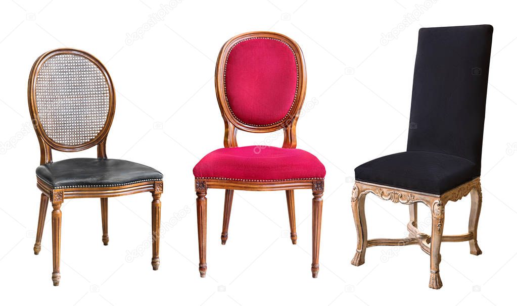 Three gorgeous vintage chairs isolated on white background. Chairs with black and red upholstery