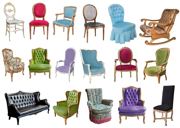 17 various beautiful gorgeous vintage armchairs isolated on whit — Stock Photo, Image