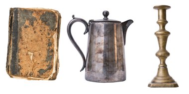 3 muhteşem eski vintage öğeleri ayarlayın. Kitap, mumstik, çaydanlık. Ⅰ