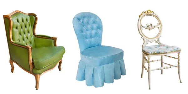 Drei wunderschöne Vintage-Sessel isoliert auf weißem Hintergrund. a — Stockfoto