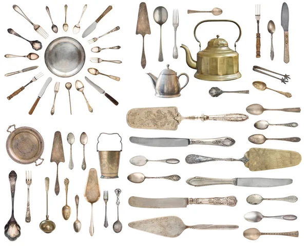 Vajilla Vintage, cucharas antiguas, tenedores, cuchillos, cucharón, tarta s — Foto de Stock