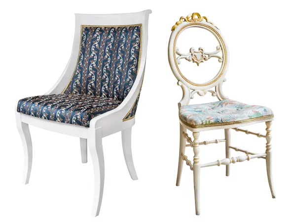 华丽的复古椅子与白色腿，蓝色和金色衬垫. — 图库照片