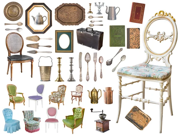 Riesiges Set antiker Gegenstände. Vintage Haushaltsgegenstände, Tafelsilber, — Stockfoto