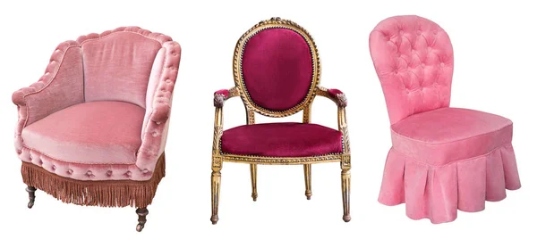 复古美丽的粉红色和红色天鹅绒扶手椅隔离在白色 — 图库照片