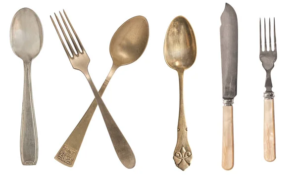 Vista superior de hermosos cuchillos de plata vintage, cucharas y tenedores i — Foto de Stock