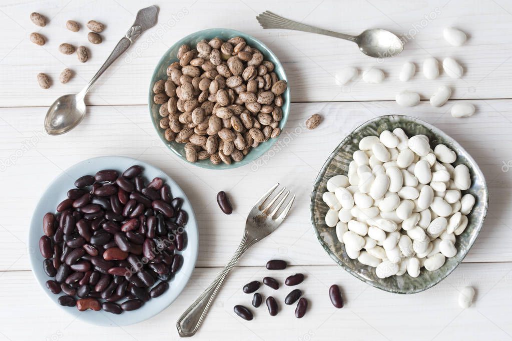 Beans, three types of beans in plates on a background of a white