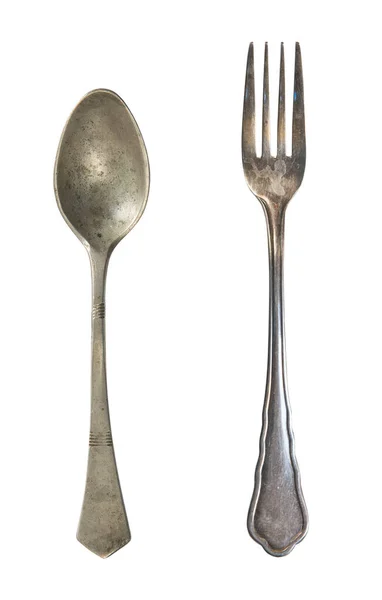 Vintage spoon and fork isolated on a white background. Retro sil — Stock Photo, Image