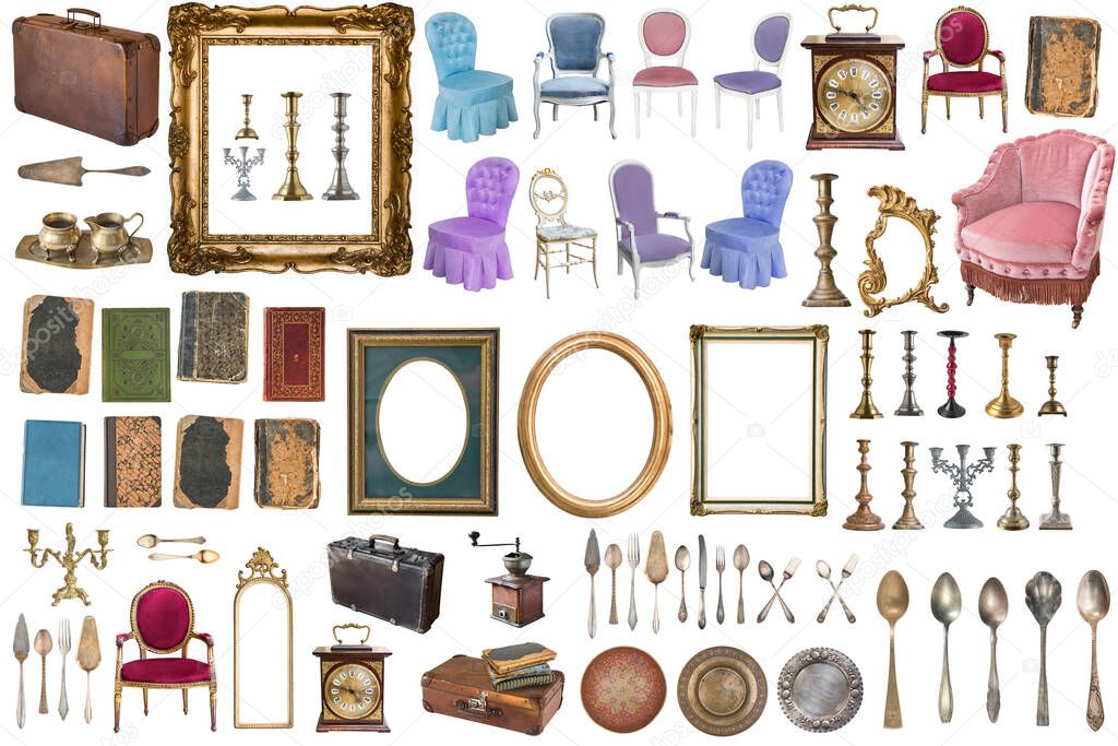 Superset of beautiful antique items, picture frames, furniture, silverware. Retro. Vintage. Isolated on white background