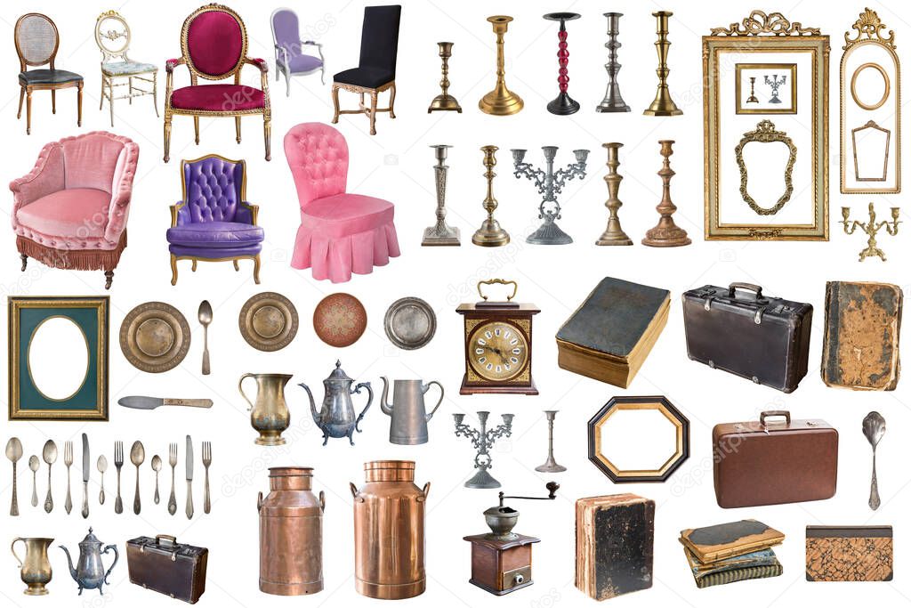 Superset of beautiful antique items, picture frames, furniture, silverware. Retro. Vintage. Isolated on white background.