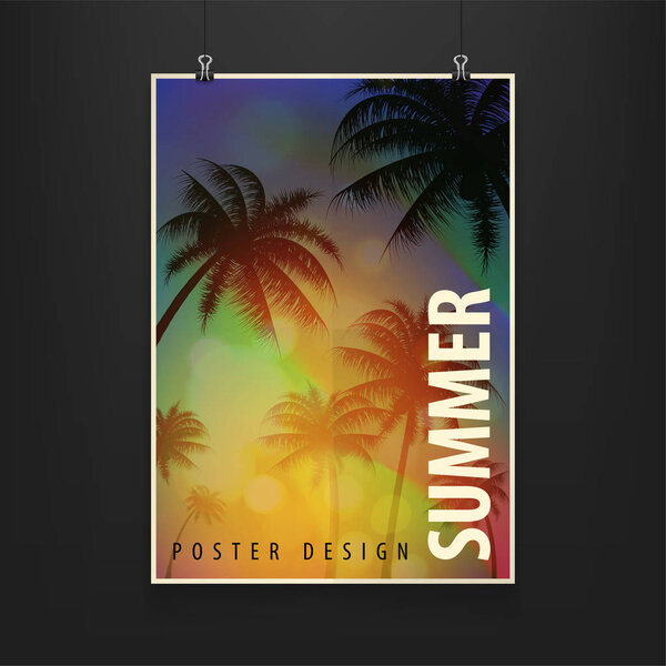 Stock vector illustration realistic billboard summer. Palm trees, date palms. Sunset, afterglow, sundown, twilight, sunrise, evening.