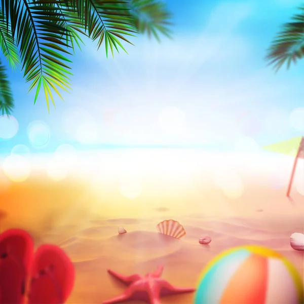 Aktienvektor Illustration realistischen Strand. Sommer und Sonne, Meer. Set, Ball, Seesterne, Muschel, Palme, Strandpantoffeln. Kunst für Banner, Flyer, Plakatwände, Plakate, Präsentationen, Berichte und Poster — Stockvektor