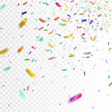 Gerçekçi renkli konfeti, pırıltılar Isolated şeffaf damalı arka plan üzerinde hisse senedi vektör Illustration. Festival arka plan. Tatil için tasarım dekoratif tinsel öğe. EPS 10