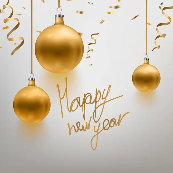 Ilustración vectorial realista juguete de Navidad de oro, bola, confeti, destellos. Diseño de postal. Feliz año nuevo caligrafía. EPS 10 — Vector de stock